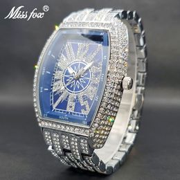 Wristwatches Iced Out Watch For Men Big Wrist Full Diamond Quartz Watches Men s 55mm Blue Face Hip Hop Accessories Waterproof Reloj Hombre 230306