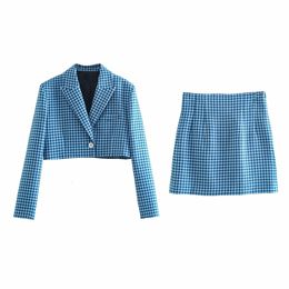 Two Piece Dress DYLQFS Women Vintage Two piece Set Blue Plaid Office Lady Single Button Slim Short Blazer Female High Waist Skirt Suits 230303