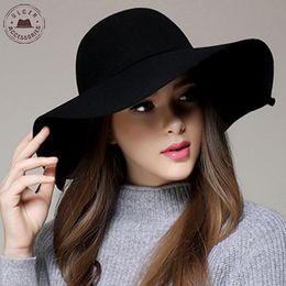 Wide Brim Hats Bucket Hats Chapeau Casual Fedora Cap Wide Brimmed Dome Hats High Quality Wool Floppy Womens Black Cloche Hat 230306