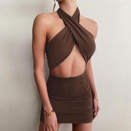 Casual Dresses Criss Cross Neck Tie Up Mini Sheath Women Halter Rucked Hollow Out Night Club Party Dress Summer Skinny Bodycon Vestidos