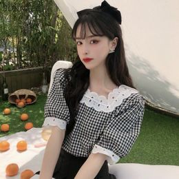 Women's Blouses & Shirts Women Plaid Mujer De Moda Korean Style Hipster Lace Fashion Sweet Preppy Students Simple Ropa Summer High Street Fe