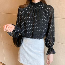 Women's Blouses 2023 Spring And Autumn Fashion Elegant Round Neck Polka Dot Black Chiffon Printed Trumpet Sleeve Pullover Shirt Women