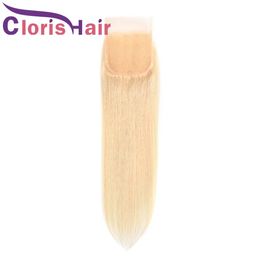 Bleach Blonde Human Hair Closure Silk Straight Raw Virgin Indian 4x4 Swiss Lace Closures Piece Platinum Blonde Top Closure Piece Healthy End