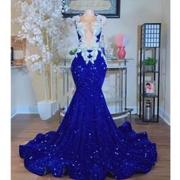 Plus Size Royal Blue Sparkly sequins Prom Dresses Lace Appliques Mermaid Evening Gowns 2021 Elegant High Neck Women Formal Dress