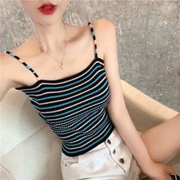 Women's Tanks Summer Women Short Halter Vest Ladies Knitted Cami Stripes Elastic Slim Versatile Base Backless Underwear Camisole Tops