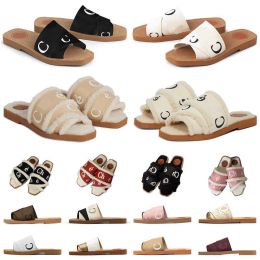 women slides sandals designer slippers Woody flat mule in canvas shearling-lined White Black Grey Green fur mens summer sandal fashion