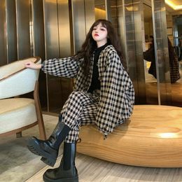 Women's Two Piece Pants Luck A Sets Style Literary Vintage Loose Frog Buckle Plaid Brushed Thickened Set Casual Street Autumn Winter Warm Suits 230306