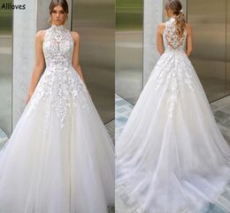 Romantic Tulle High Collar A Line Wedding Dresses For Women Plus Size Lace Appliqued Boho Country Bridal Gowns Sweep Train Buttons Back Robes de Mariee Bride CL1945