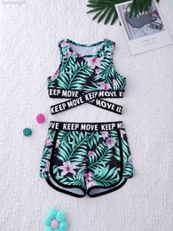 One-Pieces Kids Girls Swimsuit Two Pieces Swimwear Round Neck Sleeveless Cross Sash Crop Tops and Shorts Set Swimming Bathing Suit Clothes W0310