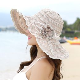 Wide Brim Hats Bucket Hats HT1676 Fashion Women Hat Korea Style Flower Packable Large Wide Brim Hat Anti-UV Adjustable Ladies Floppy Beach Sun Hat 230306