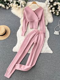 Women's Two Piece Pants SINGREINY Winter Casual Knitted Pieces Sutis V Neck Long Sleeve Sweater Elastic Set Sweater 230306