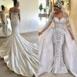2023 Mermaid Wedding Dresses Bridal Gown with Detachable Train Embroidery Off the Shoulder Straps Lace Applique Custom Made Beach Country Vestidos de novia