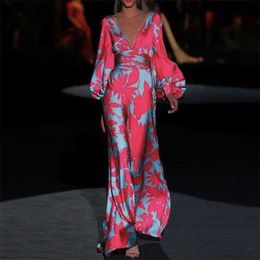 Casual Dresses 2023 New Women's Dress Slim Fit Lantern Sleeve Fashion Print V-neck Dress T230303