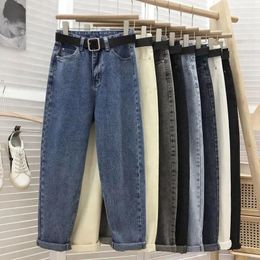 Women's Jeans With Belt Korean High Waist Harem Jeans Women Ankle Loose Comfortable Mom Pants Fashion Solid Colour Female Denim Trousers 230306