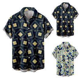 Men's Casual Shirts Blue Short Mens Fashion And Leisure 3D Digital Printing Buckle Lapel Sleeve Shirt Top Print SleeveMen's