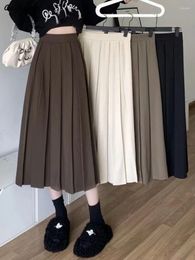 Skirts Pleated Midi Women Autumn Solid High Waist Korean Preppy Style Fashion Casual Vintage Ins Chic All-match Faldas Mujer