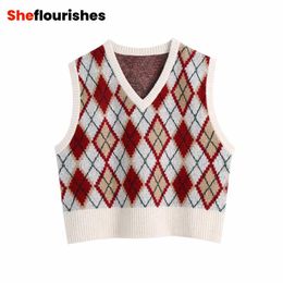 Women's Vests 2023 Stylish Argyle Knitted Sweaters Autumn Winter England Style V Neck Women Sweater Vest Vintage Elastic Tank Top Knitwear