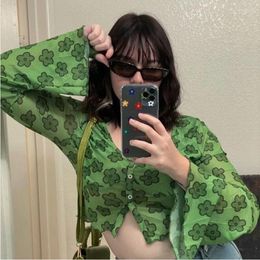 Women's T Shirts 2023 Harajuku Floral Print Green T-Shirt Y2K U-Neck Casual Mesh Button Top 90'S Ladies Retro Clothes Summer Short