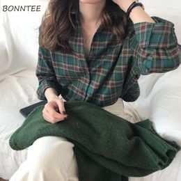 Women's Blouses Shirts Shirts Women Plaid Design Autumn Loose Vintage Basic Top Long Sleeve 90's Lapel Office Lady Casual Retro Camisas Mujer Clothing 230306