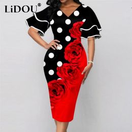 Casual Dresses Summer Elegant Fashion Oversized Vintage Print V-neck Double Layer Flare Sleeve Pencil Dress Women Party Bodycon Dresses 230303