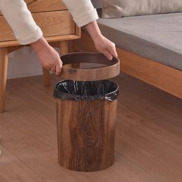 Waste Bins Retro Imitation Wood Grain Trash Can Household Creative Living Room Kitchen Bathroom Paper Basket Plastic Without Cover Large 230306