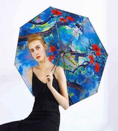 luxury designer brand Chinese Oil Painting Style Golden Umbrella Woman And Lady Windproof Elegant ThreeFoldable Black Coating J2207223564812 CD4P