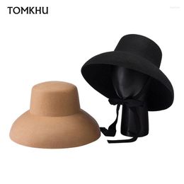 Berets 2023 Autumn Winter Wide Brim Hepburn Black Long Ribbon Grace Lady Bucket Hat For Women Designer Style Chapeu Fedora Cape