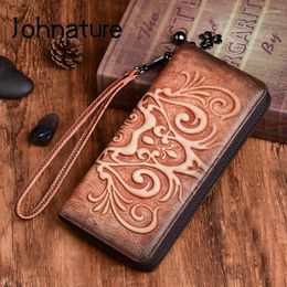 Wallets Johnature Vintage Women Genuine Leather Handmade Embossed 2023 Leisure Long Hand Wallet Phone Purse Clutch Bag