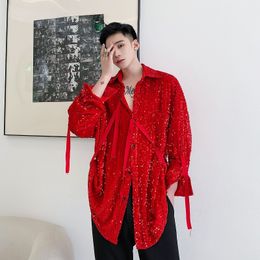 Men's Casual Shirts Spring Autumn Black Red Long Sleeve Shirt Men Women Sequin Lacing Oversized Blouse Nightclub DJ Singer Stage Costume 230306