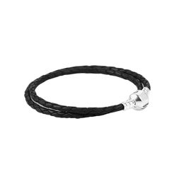 Women Mens Double Black Leather Bracelet for Pandora Real Sterling Silver Clasp Hand Chain designer Jewelry Girlfriend Gift Charm Bracelets with Original Box Set