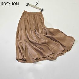 Skirts Brown Pleated Girls Colorful Luxury Office Vintage Elastic Waist Pearl Shiny Silky Long Metallic Skirt Womens Elegant