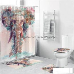 Shower Curtains Water Colour Elephant Curtain Polyester 4 Piece Bathroom Set Carpet Er Toilet Bath Mat Pad For Home Decor T200711 Dro Ottxs