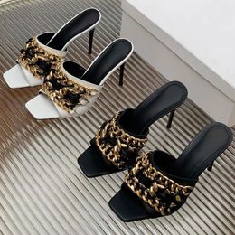 The latest metal chain slippers Fashion Leather Mules Women Stiletto Heel sandal Luxury Designer Dress shoes 10cm Evening shoes factory footwear big size 35-42