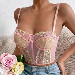 Women's Tanks Women Camisole Pink Crop Top Embroidery Floral Lace Strapless Corset Bustier Backless See Through Tank Clubwear Cropped Vest