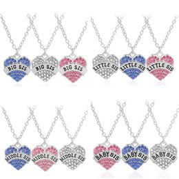 Big Little Middle Baby Sis Letters Heart Pendants Designer Necklace Woman South American Pink Blue Rhinestone Silver Chain Necklaces Fashion Jewellery Family Gift