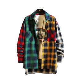 Men's Casual Shirts personality patchwork red plaid shirt men's street casual hip hop long-sleeved shirt men's loose shirt large size M-5XL 230303