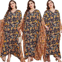 Ethnic Clothing Oversized Floral Print Abaya Dress For Women Batwing Sleeve V-neck Kaftan Arabic Dubai Turkish Robes Long Muslim ClothingEth