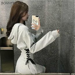 Casual Dresses Long Sleeve Dress Women Grey Classy Slim Popular Stylish Allmatch Ins Crisscross Mini Vintage Solid Hooded Empire Spring Daily Z0216