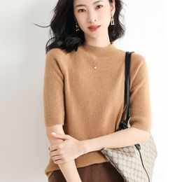 Women's Sweaters Spring Summer Three Quarter Sleeve Women Half-high Neck Slim Wool Cotton Blend Pullover T-shirt Casual Knitted Base Sweater 230306