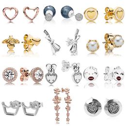 925 Silver Fit Pandora Earrings Crystal Fashion women Jewelry Gift Ear Studs Elegance Golden Bee Padlock-inspired Love Locks Brilliant Bow