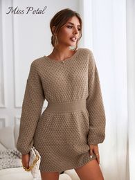 Women's Sweaters MISS PETAL Honeycomb Knit Brown Sweater Dress Woman Casual Long Sleeve Long Sweater Dress Autumn Winter Pullovers Outerwear 230306