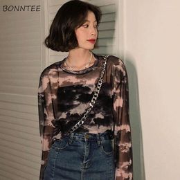 Women's T Shirts Long Sleeve T-shirts Women See-through Tie Dye Design Sun-proof College Tees Summer Tops Mesh Thin Korean Style O-Neck