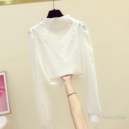 Women's Blouses Long Lantern Sleeve White Shirt Women 2023 Spring Autumn Korean Style See-through Half Turtleneck Elegant Chiffon Blouse Top