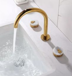 Bathroom Sink Faucets Luxury Faucet Brass And Marble Gold Two Handles With Knurling Design 3 Holes Golden Lavabo Cold