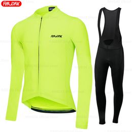 Cycling Jersey Sets Raudax Fluorescent Yellow Long Sleeve Cycling Jersey Set MTB Bike Shirts Spring Offroad Bike Jerseys Sportwear Cycling Clothing 230306