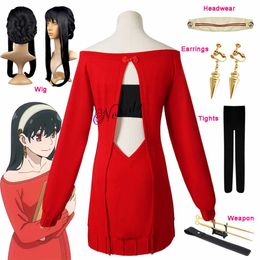 Anime Costumes Manga Spy x Family Cosplay Yor Forger Come Anime SPYXFAMILY Cosplay Women Casual Wear Red Sweater Dress Braid Wig Suit Z0301