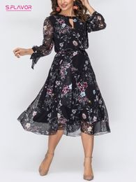 Casual Dresses S.FLAVOR Women Flower Print Chiffon Dresses Sexy O Neck Hollow Out Long Sleeve Dress Female Elegant A Line Party Vestidos 230303