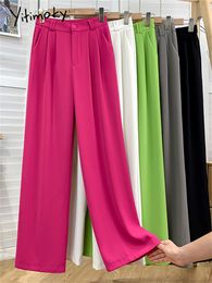 Women's Pants Capris Yitimoky Suits Wide Leg Pants for Women Office Ladies Elegant Straight Pants High Waisted Elastic Band Trousers Black Green Rose 230306