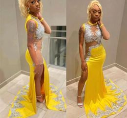 Sexy Yellow Sheer Prom Dress Lace Applique Sider Split Formal 2024 Evening Gowns Maxi Night Party Outfits Mermaid Women Robe De Soiree