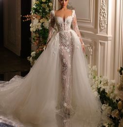 Elegant Mermaid Wedding Dresses Long Sleeves V Neck Appliques Sequins Beaded Floor Length 3D Lace Detachable Train Bridal Gowns Plus Size Custom Made abiti da sposa